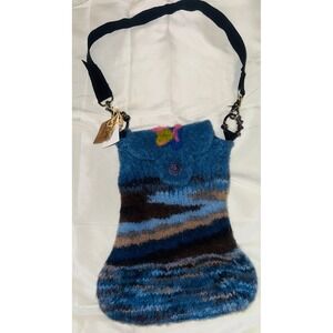 Handmade Felted Wool Blue Striped Crossbody Bag Unique Artisan‎ Purse